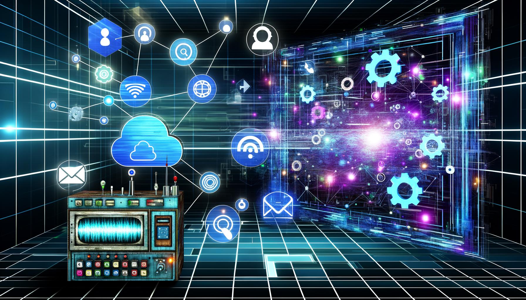 Futuristische Szene mit digitalem Maschinenraum, leuchtenden Datenströmen, Icons für Webhooks, APIs, Tools sowie moderner Bildschirm mit Push-Benachrichtigung und altem Faxgerät.