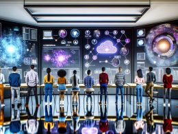 Modernes Datenzentrum-Kontrollraum-Team überwacht leuchtende Datenbildschirme und schwebende Hologramme in futuristischer, kollaborativer Atmosphäre