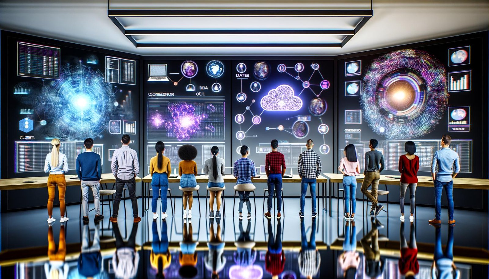 Modernes Datenzentrum-Kontrollraum-Team überwacht leuchtende Datenbildschirme und schwebende Hologramme in futuristischer, kollaborativer Atmosphäre