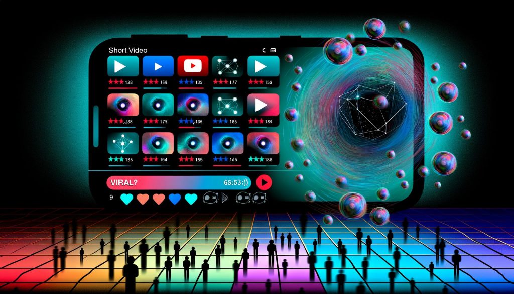Dramatische Illustration eines Smartphone-Displays mit YouTube Shorts, Reels und TikTok, abstrakten Algorithmen, kreisenden Datenströmen, kleinen Creator-Silhouetten und auffälligen Statistik-Anzeigen.