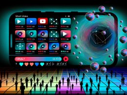 Dramatische Illustration eines Smartphone-Displays mit YouTube Shorts, Reels und TikTok, abstrakten Algorithmen, kreisenden Datenströmen, kleinen Creator-Silhouetten und auffälligen Statistik-Anzeigen.