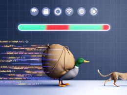 Moderne Illustration einer lahmen Ente mit schwerem JavaScript-Ballast wird von einem schlanken Geparden mit leichtem Gepäck überholt, dargestellt vor Ladebalken und digitalen Icons im Browserkontext.