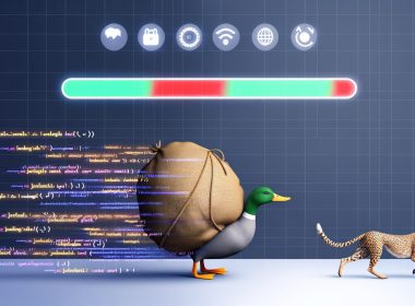 Moderne Illustration einer lahmen Ente mit schwerem JavaScript-Ballast wird von einem schlanken Geparden mit leichtem Gepäck überholt, dargestellt vor Ladebalken und digitalen Icons im Browserkontext.