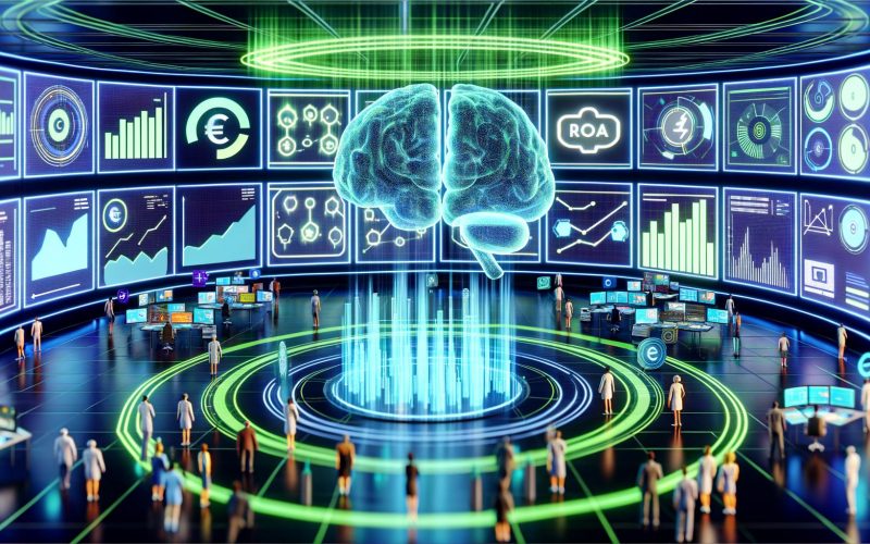 Futuristischer Kontrollraum mit holografischen Grafiken, algorithmischem KI-Gehirn und Marketers, die ROAS-Daten zu Google Ads und Microsoft Ads analysieren, um Profite zu optimieren.