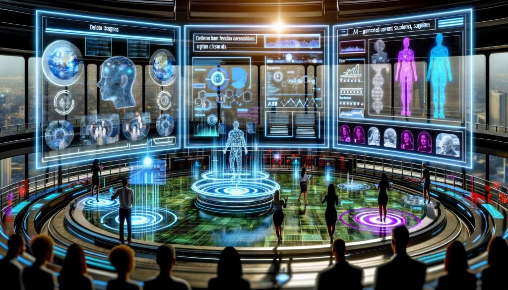 Futuristische urbane Kommandozentrale mit Marketers vor holografischen Bildschirmen, Echtzeit-Analytics, KI-Content und Neoninterfaces im Stil eines digitalen Maschinenraums.