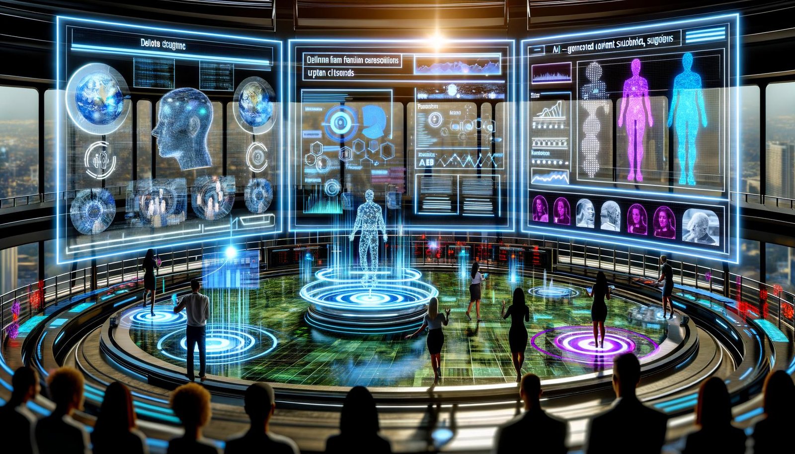 Futuristische urbane Kommandozentrale mit Marketers vor holografischen Bildschirmen, Echtzeit-Analytics, KI-Content und Neoninterfaces im Stil eines digitalen Maschinenraums.