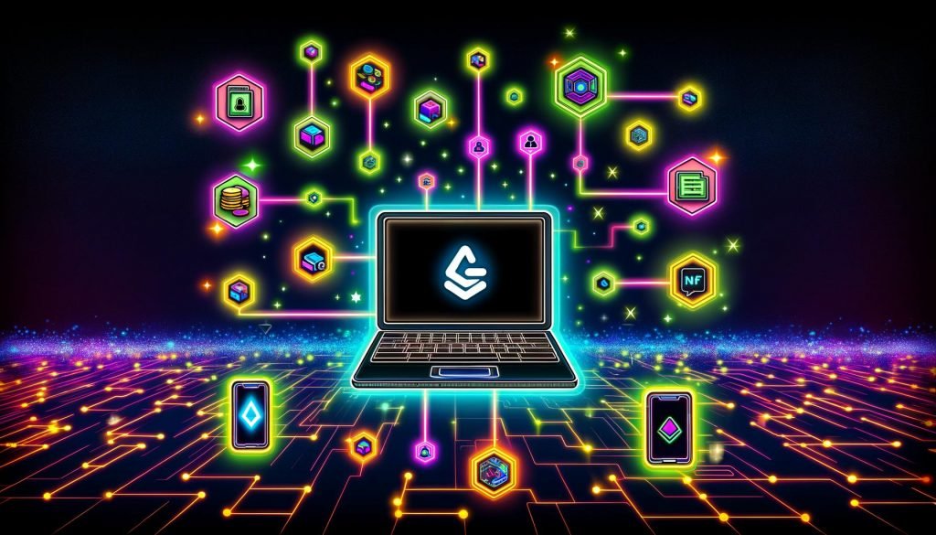 Futuristische, digitale Schaltzentrale mit Laptop, Gumroad-Logo, NFT-Icons und leuchtenden Blockchain-Verbindungen im Tech-Stil.