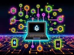 Futuristische, digitale Schaltzentrale mit Laptop, Gumroad-Logo, NFT-Icons und leuchtenden Blockchain-Verbindungen im Tech-Stil.