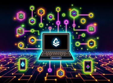 Futuristische, digitale Schaltzentrale mit Laptop, Gumroad-Logo, NFT-Icons und leuchtenden Blockchain-Verbindungen im Tech-Stil.