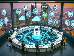 Illustration eines geschäftigen Kontrollraums in Brüssel mit Politikern und Digitalexperten, die vor leuchtenden Bildschirmen zu europaweiten Digitalgesetzen wie DSA, DMA, Data Act und AI Act beraten.