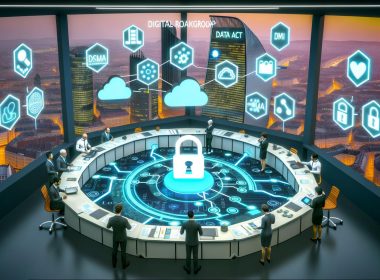 Illustration eines geschäftigen Kontrollraums in Brüssel mit Politikern und Digitalexperten, die vor leuchtenden Bildschirmen zu europaweiten Digitalgesetzen wie DSA, DMA, Data Act und AI Act beraten.