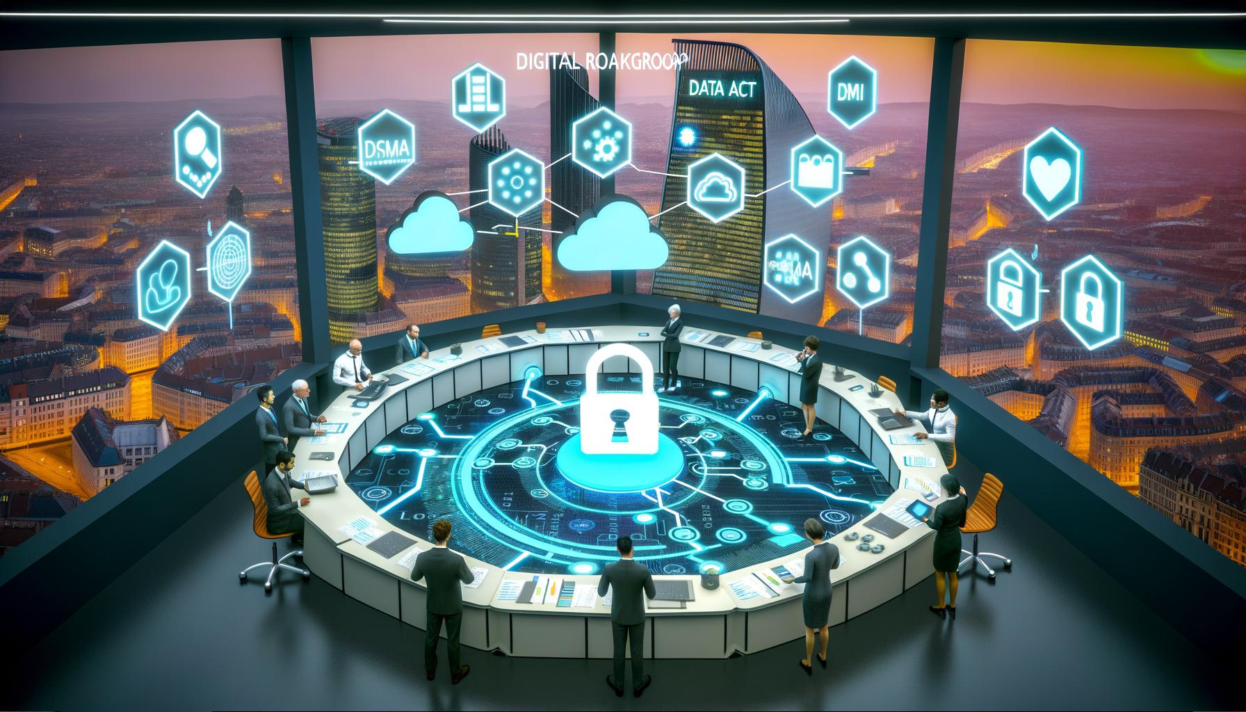 Illustration eines geschäftigen Kontrollraums in Brüssel mit Politikern und Digitalexperten, die vor leuchtenden Bildschirmen zu europaweiten Digitalgesetzen wie DSA, DMA, Data Act und AI Act beraten.