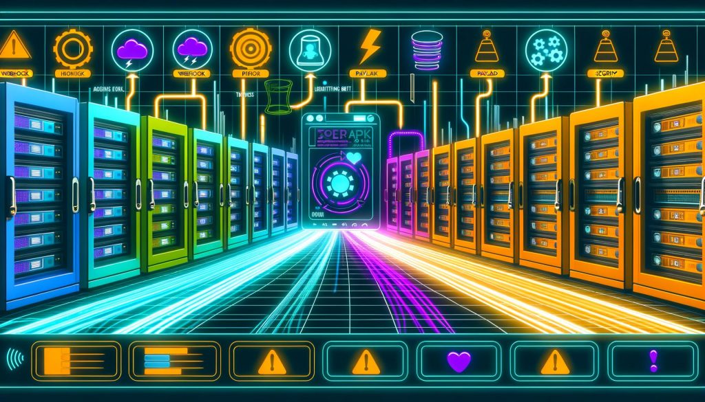 Illustration eines modernen Serverraums mit bunten Lichtlinien, die Tools wie Zapier, Make, n8n und Pipedream verbinden. Im Bild erkennbar: Webhook-, API-, Payload- und Security-Icons, Trigger-Symbole und Überwachungsdashboard.