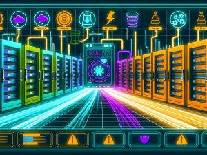 Illustration eines modernen Serverraums mit bunten Lichtlinien, die Tools wie Zapier, Make, n8n und Pipedream verbinden. Im Bild erkennbar: Webhook-, API-, Payload- und Security-Icons, Trigger-Symbole und Überwachungsdashboard.