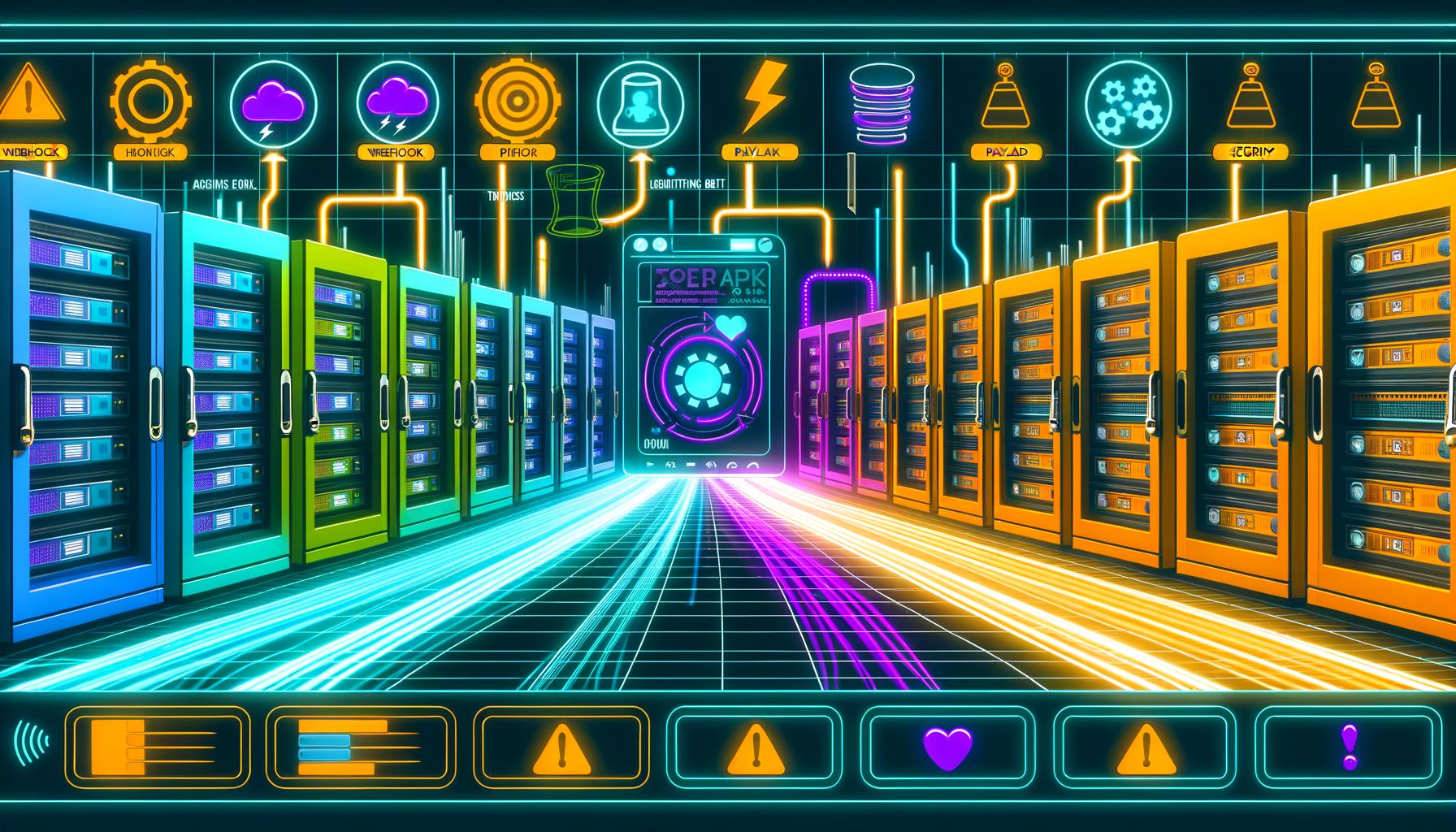 Illustration eines modernen Serverraums mit bunten Lichtlinien, die Tools wie Zapier, Make, n8n und Pipedream verbinden. Im Bild erkennbar: Webhook-, API-, Payload- und Security-Icons, Trigger-Symbole und Überwachungsdashboard.