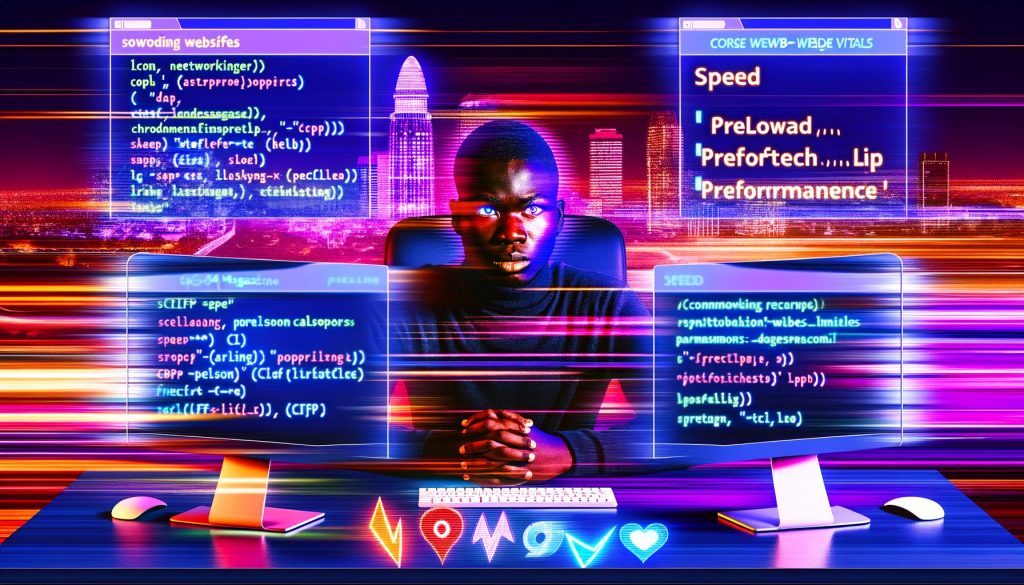 Webentwickler an futuristischem Schreibtisch mit Performance-Dashboards, HTML-Code, Netzwerk-Blitzen und Core Web Vitals in einer neonbeleuchteten digitalen Stadt.