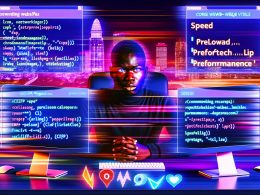 Webentwickler an futuristischem Schreibtisch mit Performance-Dashboards, HTML-Code, Netzwerk-Blitzen und Core Web Vitals in einer neonbeleuchteten digitalen Stadt.