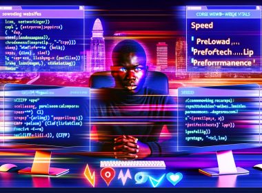 Webentwickler an futuristischem Schreibtisch mit Performance-Dashboards, HTML-Code, Netzwerk-Blitzen und Core Web Vitals in einer neonbeleuchteten digitalen Stadt.