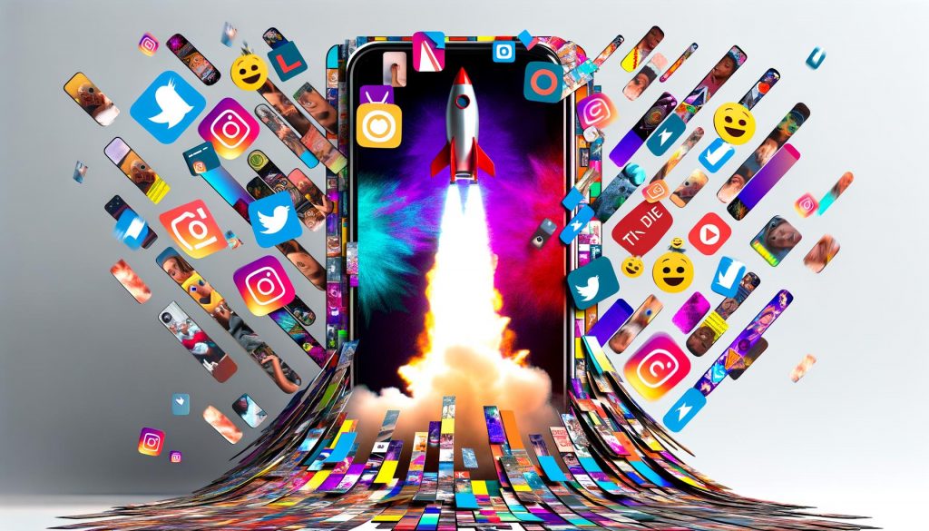Collage aus viralen Kurzvideos mit vertikalen Smartphone-Bildschirmen, Emojis, Thumbnails, Hashtags und Social-Media-Logos rund um eine digitale Rakete auf steiler Datenkurve