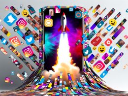 Collage aus viralen Kurzvideos mit vertikalen Smartphone-Bildschirmen, Emojis, Thumbnails, Hashtags und Social-Media-Logos rund um eine digitale Rakete auf steiler Datenkurve