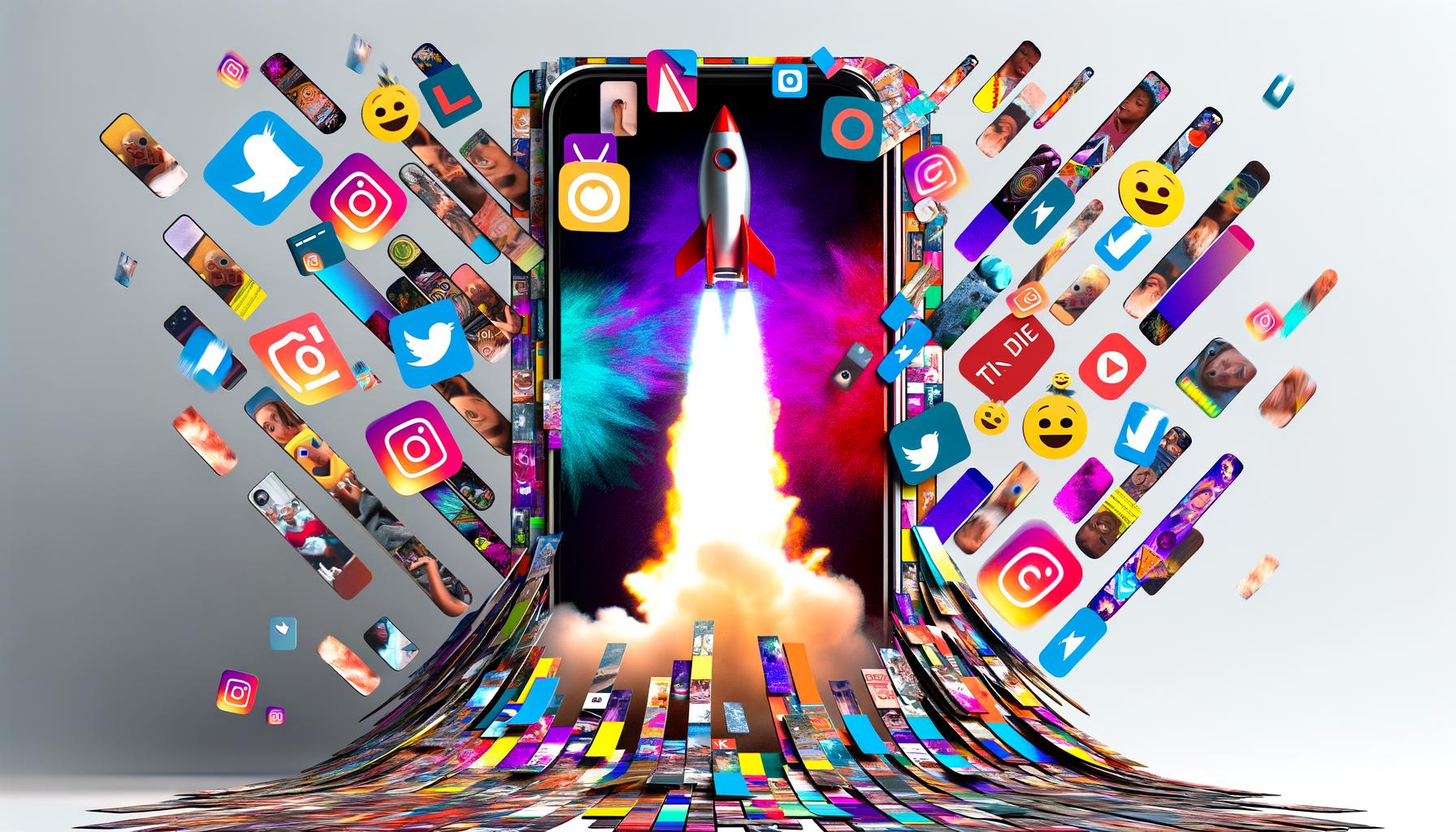Collage aus viralen Kurzvideos mit vertikalen Smartphone-Bildschirmen, Emojis, Thumbnails, Hashtags und Social-Media-Logos rund um eine digitale Rakete auf steiler Datenkurve