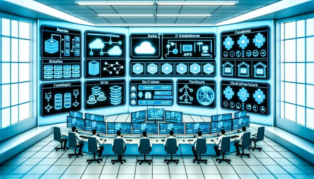 Futuristischer Kontrollraum für Data Engineering mit Monitoren, Hologrammen, Datenpipelines, Cloud-Infrastruktur und Ingenieuren, die moderne Datenströme verwalten.