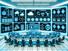 Futuristischer Kontrollraum für Data Engineering mit Monitoren, Hologrammen, Datenpipelines, Cloud-Infrastruktur und Ingenieuren, die moderne Datenströme verwalten.