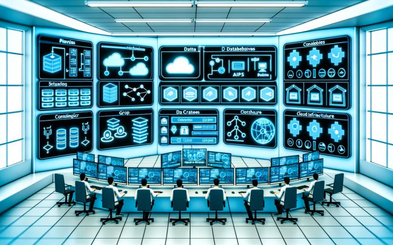 Futuristischer Kontrollraum für Data Engineering mit Monitoren, Hologrammen, Datenpipelines, Cloud-Infrastruktur und Ingenieuren, die moderne Datenströme verwalten.