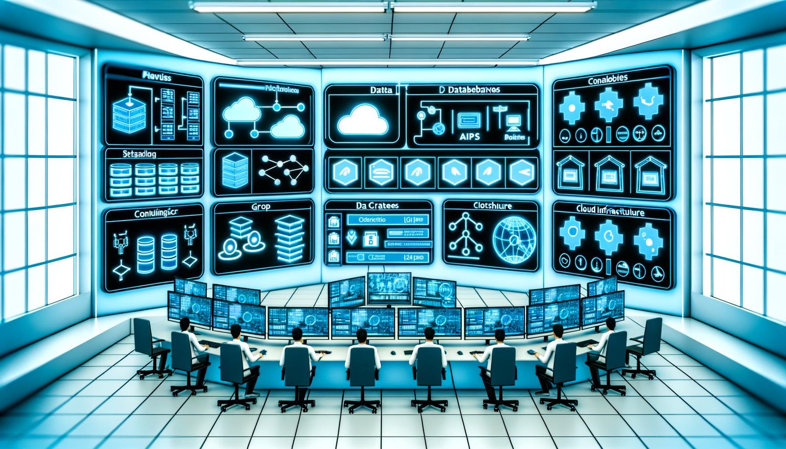 Futuristischer Kontrollraum für Data Engineering mit Monitoren, Hologrammen, Datenpipelines, Cloud-Infrastruktur und Ingenieuren, die moderne Datenströme verwalten.