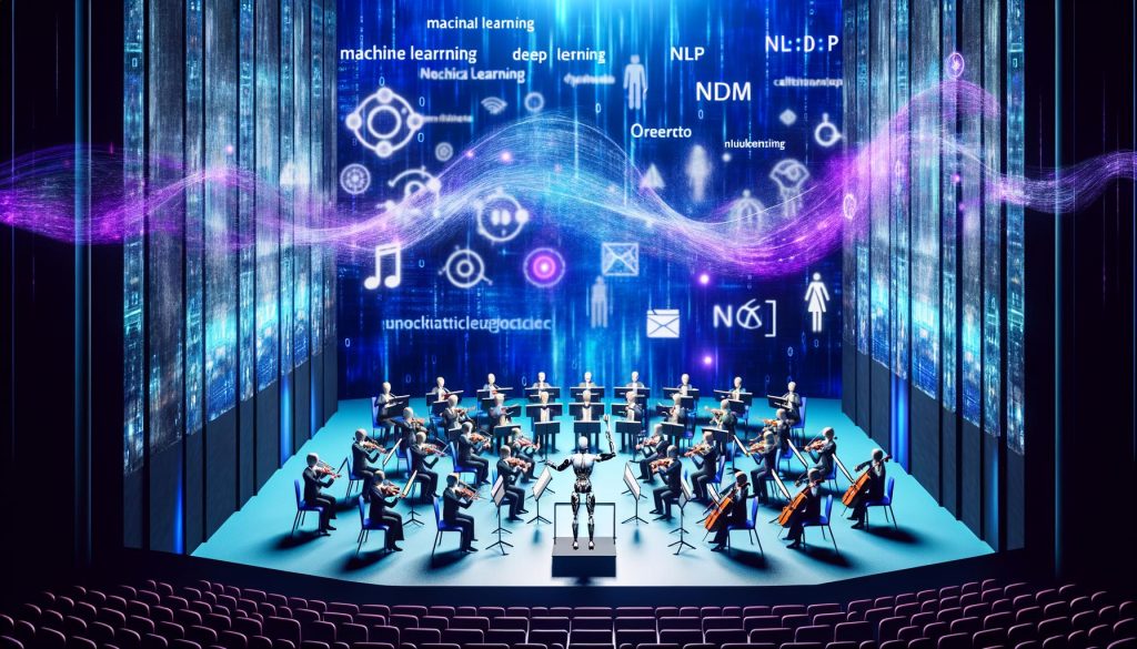 Futuristischer Konzertsaal mit humanoidem Roboter als Dirigent, digitale Musiker aus Code und Schaltkreisen, fließende Datenströme als Notenlinien, kühle blaue und violette Beleuchtung, sichtbare Begriffe wie Machine Learning, NLP und Deep Learning