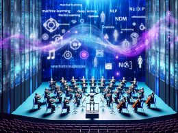 Futuristischer Konzertsaal mit humanoidem Roboter als Dirigent, digitale Musiker aus Code und Schaltkreisen, fließende Datenströme als Notenlinien, kühle blaue und violette Beleuchtung, sichtbare Begriffe wie Machine Learning, NLP und Deep Learning