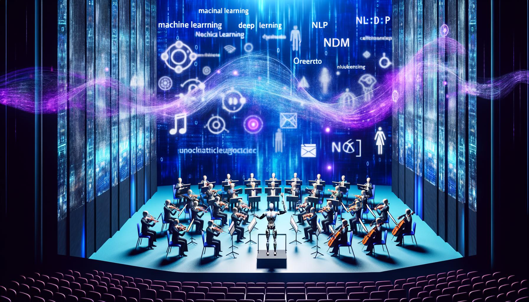 Futuristischer Konzertsaal mit humanoidem Roboter als Dirigent, digitale Musiker aus Code und Schaltkreisen, fließende Datenströme als Notenlinien, kühle blaue und violette Beleuchtung, sichtbare Begriffe wie Machine Learning, NLP und Deep Learning