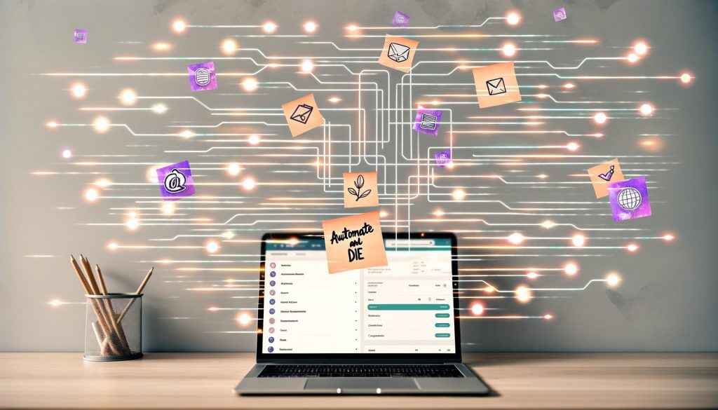 Modernes, cleanes Homeoffice-Setup mit Laptop, geöffnetem Gumroad-Dashboard und bunten Automatisierungstool-Icons, verbunden durch digitale Linien. Im Hintergrund motivierende Post-Its und digital automatisierte Aufgaben.