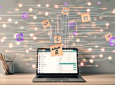 Modernes, cleanes Homeoffice-Setup mit Laptop, geöffnetem Gumroad-Dashboard und bunten Automatisierungstool-Icons, verbunden durch digitale Linien. Im Hintergrund motivierende Post-Its und digital automatisierte Aufgaben.