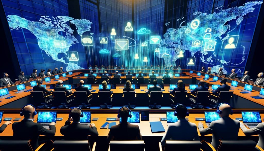 Futuristischer Konferenzraum in Brüssel mit internationalen Politiker:innen, modernen Technologien und holografischen Diagrammen zu Datenschutz, KI und Cybersecurity.