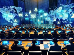 Futuristischer Konferenzraum in Brüssel mit internationalen Politiker:innen, modernen Technologien und holografischen Diagrammen zu Datenschutz, KI und Cybersecurity.