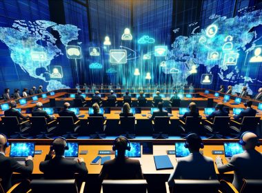 Futuristischer Konferenzraum in Brüssel mit internationalen Politiker:innen, modernen Technologien und holografischen Diagrammen zu Datenschutz, KI und Cybersecurity.