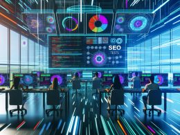 Digitales SEO-Team analysiert automatisierte Tests an großen Monitoren mit Coding, Datenvisualisierungen und technischen Dashboards in einer futuristischen, dunklen Workspace-Atmosphäre.