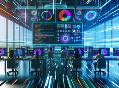 Digitales SEO-Team analysiert automatisierte Tests an großen Monitoren mit Coding, Datenvisualisierungen und technischen Dashboards in einer futuristischen, dunklen Workspace-Atmosphäre.