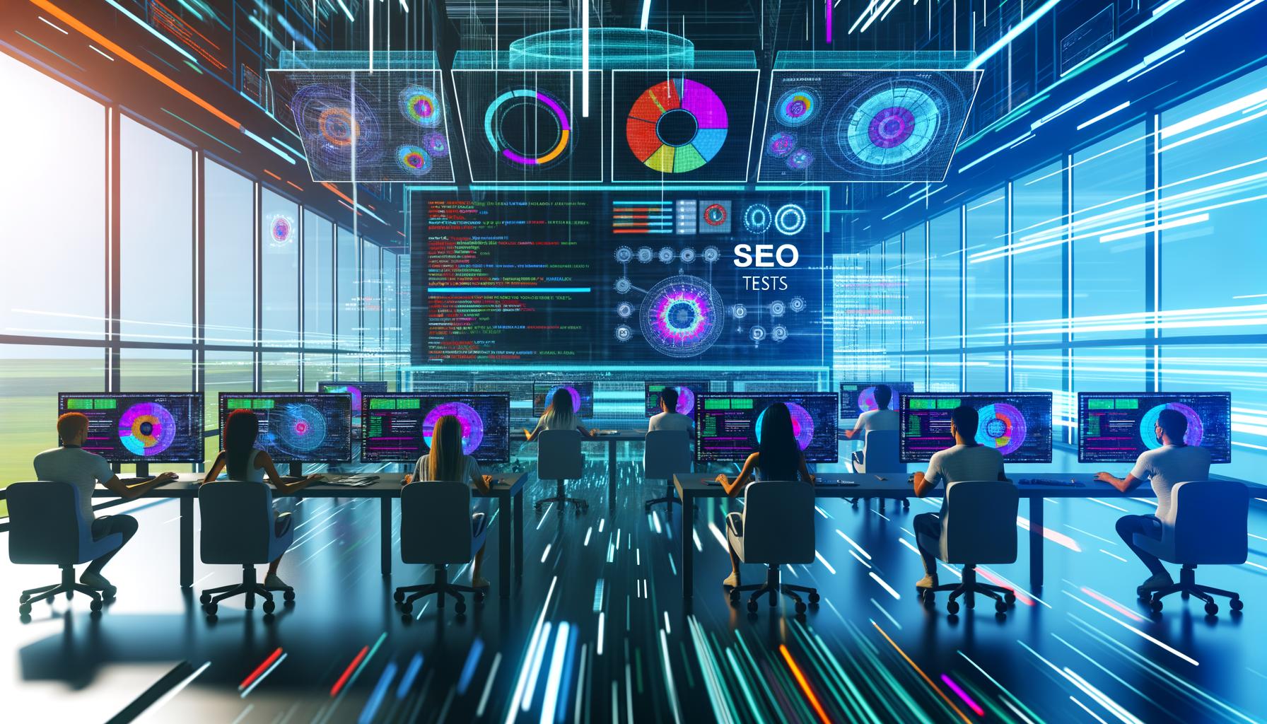 Digitales SEO-Team analysiert automatisierte Tests an großen Monitoren mit Coding, Datenvisualisierungen und technischen Dashboards in einer futuristischen, dunklen Workspace-Atmosphäre.