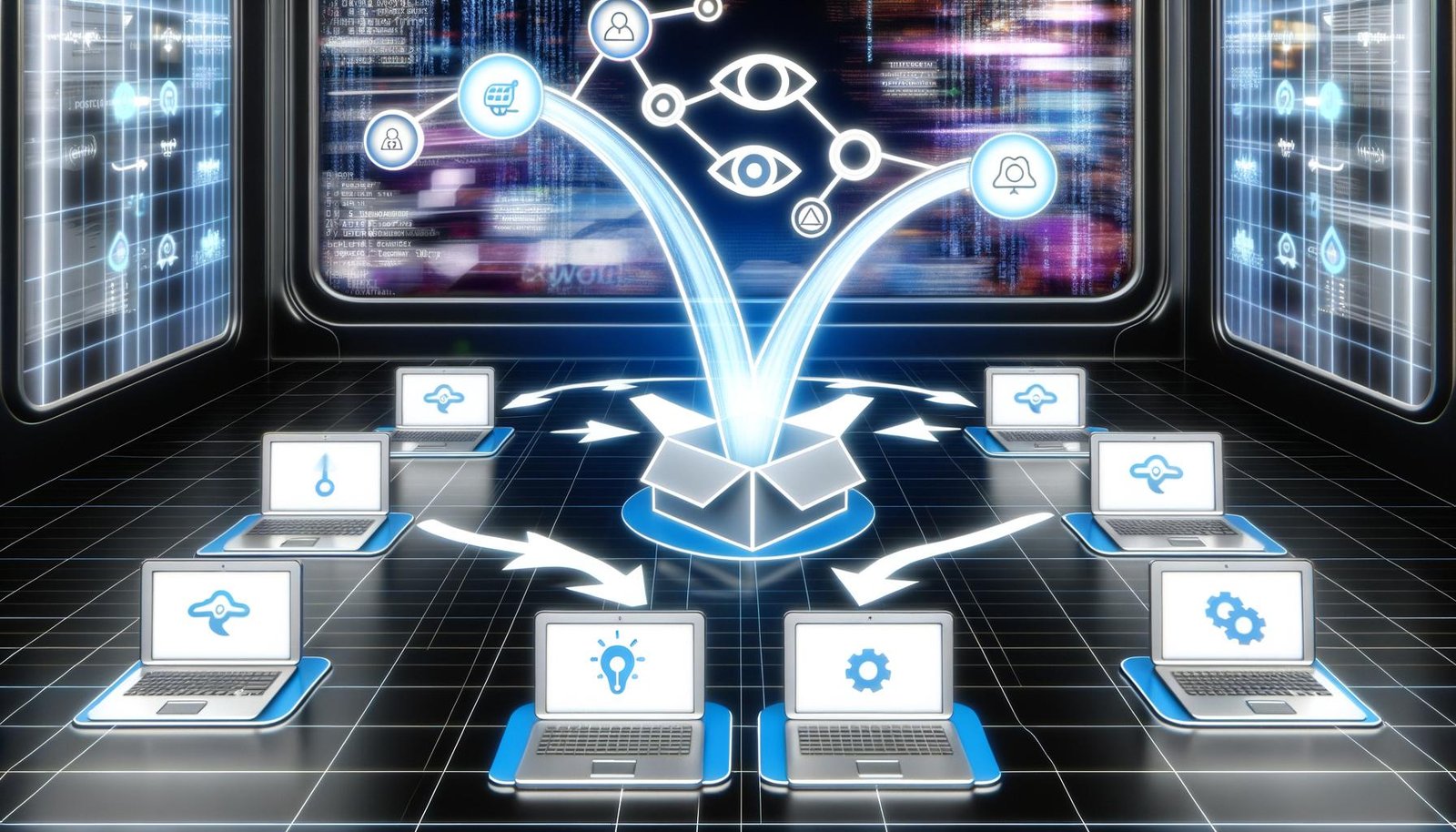 Abstrahiertes, modernes Büro mit verbundenen digitalen Geräten und offenem Workflow-Diagramm mit Automatisierungselementen vor futuristischem Hintergrund.