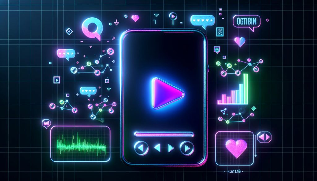 Stilisiertes Smartphone mit Shorts-Video, umgeben von Play-Button, Herz, Kommentarblasen und Datenanalyse-Grafiken in Neonfarben auf dunklem Hintergrund.