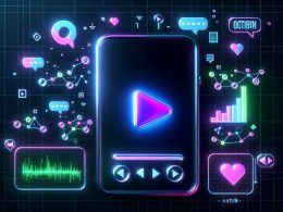 Stilisiertes Smartphone mit Shorts-Video, umgeben von Play-Button, Herz, Kommentarblasen und Datenanalyse-Grafiken in Neonfarben auf dunklem Hintergrund.