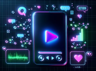 Stilisiertes Smartphone mit Shorts-Video, umgeben von Play-Button, Herz, Kommentarblasen und Datenanalyse-Grafiken in Neonfarben auf dunklem Hintergrund.