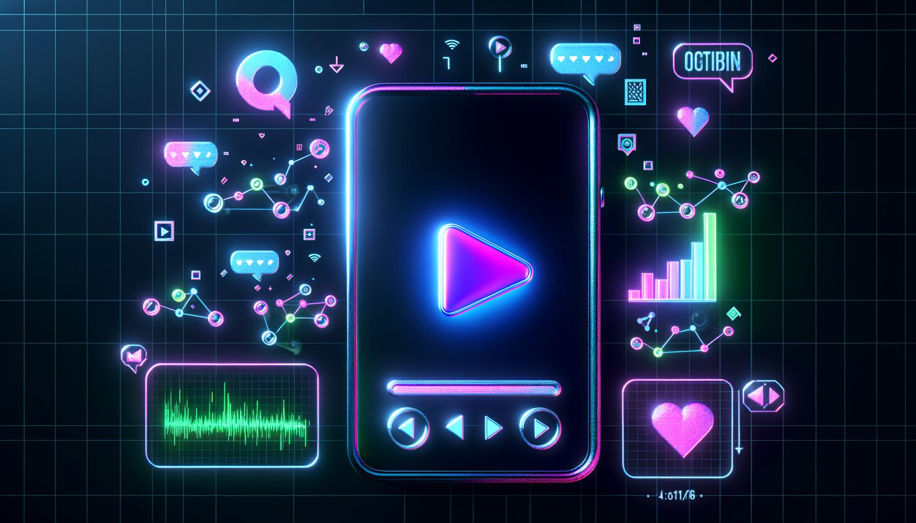 Stilisiertes Smartphone mit Shorts-Video, umgeben von Play-Button, Herz, Kommentarblasen und Datenanalyse-Grafiken in Neonfarben auf dunklem Hintergrund.