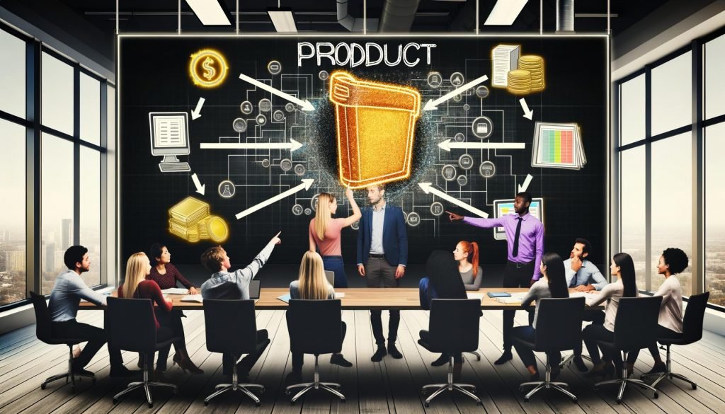 Junge Professionals diskutieren vor einer digitalen Produktdaten-Landkarte, goldene Produkt-Icons heben Schätze hervor, alte Akten und Excel-Sheets lösen sich im Hintergrund auf.