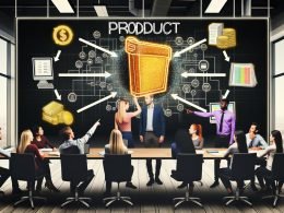 Junge Professionals diskutieren vor einer digitalen Produktdaten-Landkarte, goldene Produkt-Icons heben Schätze hervor, alte Akten und Excel-Sheets lösen sich im Hintergrund auf.