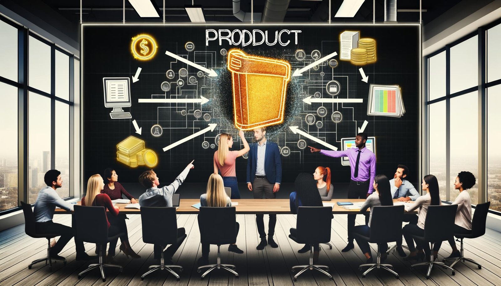 Junge Professionals diskutieren vor einer digitalen Produktdaten-Landkarte, goldene Produkt-Icons heben Schätze hervor, alte Akten und Excel-Sheets lösen sich im Hintergrund auf.