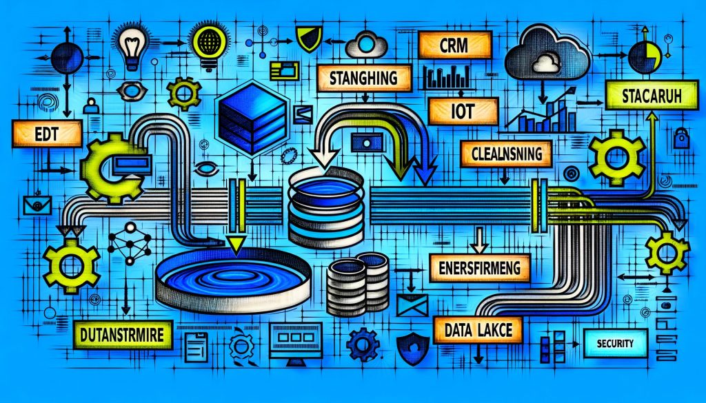 Abstraktes Data Engineering Architekturdiagramm zeigt vernetzte Datenquellen, ETL-Prozesse, Data Lake, Data Warehouse, Transformationsschichten, Dashboards, Machine Learning sowie Symbole für Automatisierung, Monitoring, Sicherheit und Compliance in klaren Linien und Farben.