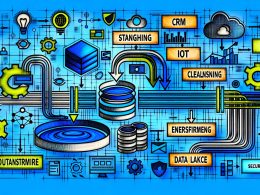 Abstraktes Data Engineering Architekturdiagramm zeigt vernetzte Datenquellen, ETL-Prozesse, Data Lake, Data Warehouse, Transformationsschichten, Dashboards, Machine Learning sowie Symbole für Automatisierung, Monitoring, Sicherheit und Compliance in klaren Linien und Farben.